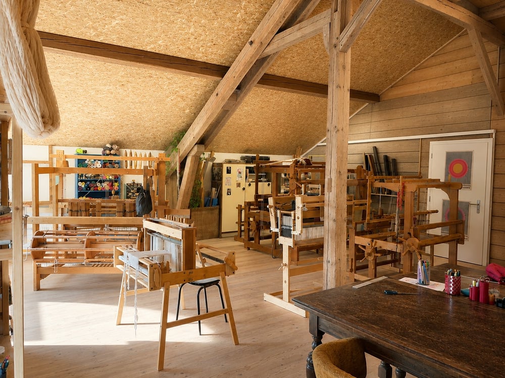 Vue de l’atelier : métiers à tisser en bois alignés sous la charpente, écheveaux de laine suspendus et grande table de travail au premier plan