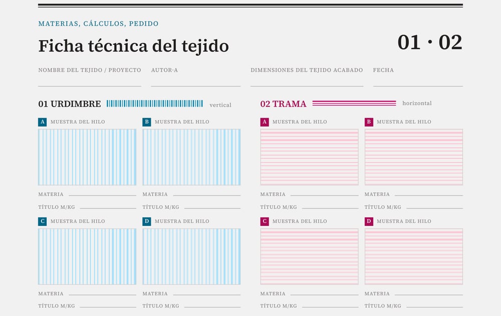 Parte superior de la hoja «Ficha técnica del tejido»: el título, los campos nombre del tejido, autor·a, dimensiones y fecha, y los ocho recuadros de muestras de hilo — urdimbre en azul a la izquierda, trama en rosa a la derecha.