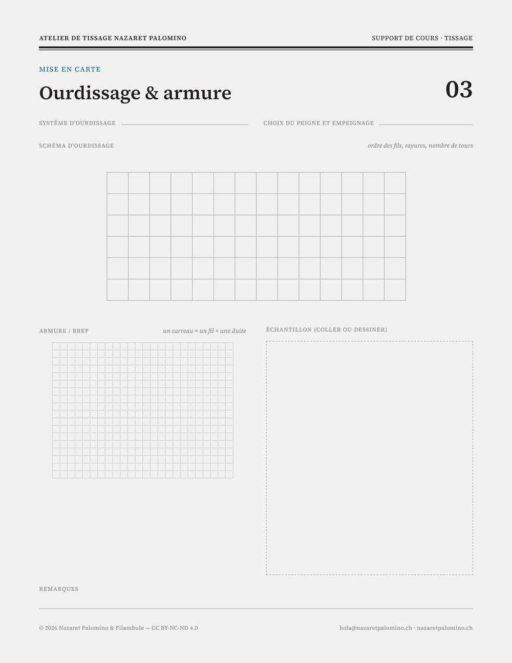 Feuille 03, Ourdissage et armure : une grille large pour le schéma d’ourdissage, une grille fine pour l’armure, un cadre pour l’échantillon.