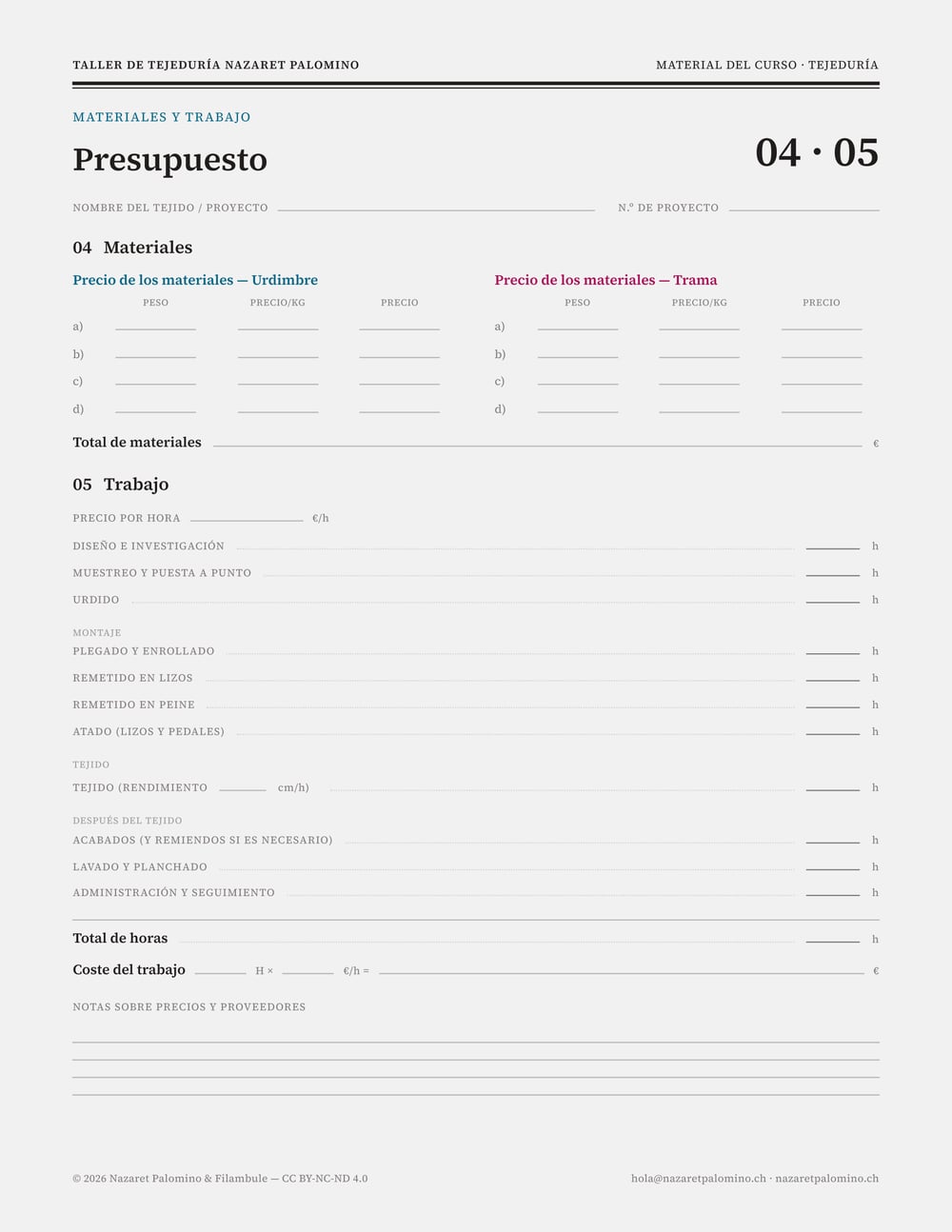 Hoja 04-05, Presupuesto: el precio de las materias de urdimbre y de trama, y las horas contadas puesto por puesto.